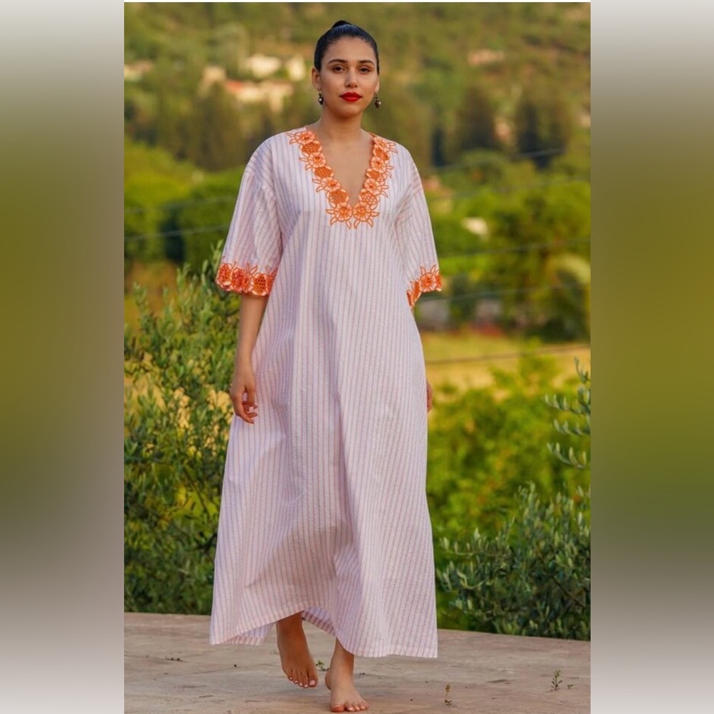 Fanm Mon Kaftan Defne White and Orange striped Dress with Floral Embroidery- NWT